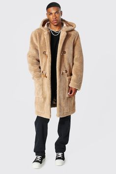 Borg Hooded Duffle Coat | BoohooMAN Fur Coat Street Style, Mens Peacoat, Mens Fur Coat, Quilted Coats, Peacoat Men, Borg Jacket, Mens Fur, Upgrade Your Look, Duffle Coat