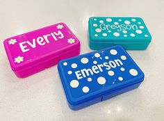 This personalized pencil box is perfect for back to school! These cute pencil cases are fun, colorful, and perfect for your little one to store their writing utensils this school year. Make this school year extra special with a unique pencil box that your child is sure to love! Details: - Available in pink, teal, and blue - 7.97" x 5.43" x 2.02" (20.24cm x 13.79cm x 5cm) - Made with permanent vinyl - Plastic Production time is typically 3-5 days but may be longer during peak times. If you need t Playful Rectangular Pencil Case For Back To School, Playful School Stationery With Pen Slots, Cute Stationery For Back To School Organization, Playful Pencil Case For Back To School Gift, Cute Stationery For Back To School Storage, Pink Stationery For Back To School Storage, Cute Multicolor Rectangular Stationery, Cute Rectangular Multicolor Stationery, Playful Pencil Case With Pen Slots For Gift