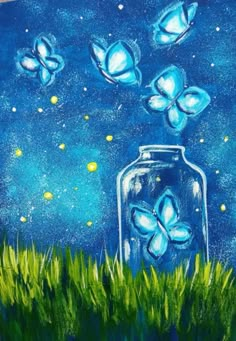 an acrylic painting of blue butterflies flying out of a jar with grass in the foreground