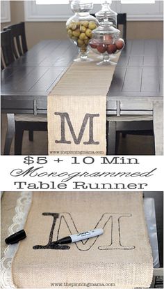 the table runner is made from burlock and has an initial on it, along with