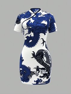 Random Cut Chinese Style Dragon Print Women's Short Sleeve Midi Dress Multicolor Casual,Sexy  Short Sleeve Knitted Fabric Animal,Plants,All Over Print,Textured Pattern Bodycon High Stretch  Women Clothing, size features are:Bust: ,Length: ,Sleeve Length: Dragon Print, Mini Robes, Fabric Animals, Midi Short Sleeve Dress, Chinese Dragon, Print Top, Costume Design, Chinese Style, Dress P