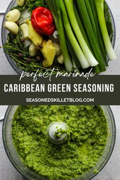 Caribbean Green Seasoning is the perfect marinade or flavour enhancer to a variety of meals. It’s incredibly easy to prepare, and so full of vibrant aromatic flavour! Just toss a delicious blend of fresh vegetables and herbs into a food processor or blender and you’re done. It can be added to savoury sauces, stews, curries, soups and is often used as the base seasoning to meats, poultry, fish and seafood! Caribbean Green Seasoning, Caribbean Green Seasoning Recipe, Green Seasoning Caribbean, Green Seasoning Recipe, Savoury Sauces, Green Seasoning, Caribbean Foods, Carribean Food, Jamaican Dishes