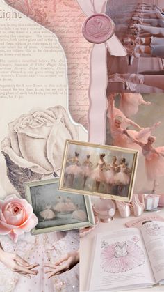 a collage with pink roses, pictures and other items on it's surface