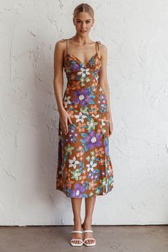 Shop the Clovelly Tied Shoulder Midi Dress Flower Terracotta | Selfie Leslie Floral Midi Sundress For Date Night, Floral Print Midi Dress For Summer Date Night, Date Night Floral Midi Dress With Spaghetti Straps, Date Night Spaghetti Strap Midi Dress With Floral Print, Spring Midi Dress With Tie Straps For Date Night, Floral Sundress For Date Night, Summer Floral Print Midi Dress For Date Night, Summer Floral Midi Dress For Date Night, Summer Midi Dress With Floral Print For Date Night