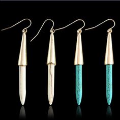 Approx 2.15 Inches Long Gold Tone Alloy Metal Earring With Faux Turquoise In White Or Blue. Boho Turquoise, Turquoise Boho, Metal Earrings, Boho Women, Turquoise Earrings, Hook Earrings, Jewelry Party, Charm Jewelry, Boho Fashion