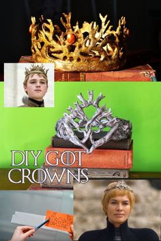 there is a collage of photos with crowns on top of books and other items