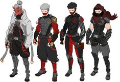 some very pretty anime characters in different outfits and armors, all standing next to each other