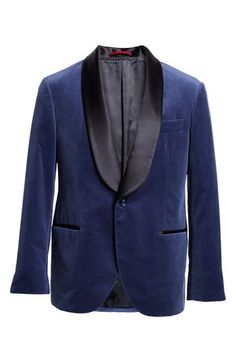 A satin shawl collar contrasts against the rich blue velveteen of a refined dinner jacket designed with welt pockets and slightly fluted sleeves. 30" length (size 50 EU) One-button closure Shawl collar Front welt pockets Nonfunctional four-button cuffs Lined 100% cotton with 50% cotton, 45% silk trim Dry clean Made in Italy Designer Clothing Shawl Collar Tuxedo, Fluted Sleeves, Satin Shawl, Brunello Cucinelli Men, Dinner Jacket, Tuxedo For Men, Tuxedo Jacket, Cotton Velvet, Jacket Design