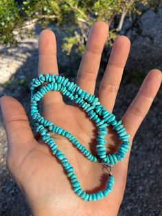 Beautiful natural turquoise and sterling silver clasp Navajo beaded necklace. Measures 19" long Hand-strung Turquoise Western Necklace, Hand-strung Western Turquoise Necklace, Western-style Hand-strung Turquoise Necklace, Southwestern Single Strand Turquoise Necklace, Southwestern Turquoise Necklace With Sterling Silver Clasp, Navajo Necklace, Beaded Necklaces, Natural Turquoise, Labour Day