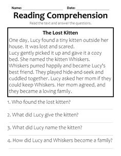 the lost kitten reading worksheet for kids and adults with answers to read it