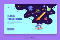 back to school landing page with books and rocket in the sky, flat design illustration