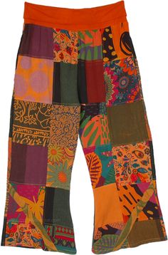 A boho style in cotton patchwork pants that are enviro-friendly with its recycled patchwork design.  The colors are bright and reflect the autumn vibes in orange, brown, and green in solids, stripes and floral. #tlb #SplitSkirtsPants #Patchwork #XLPlus #Pocket #Yoga #vacationclothing #beachwrap #Fall #Floral #Printed #PlussizeHippiePants #XLPatchworkCottonPants #XXLSummerPants #XXLBohoPants Hippie Style Cotton Pants For Fall, Brown Patchwork Summer Pants, Brown Patchwork Pants For Summer, Summer Brown Patchwork Pants, Hippie Patchwork Bottoms For Fall, Multicolor Patchwork Bottoms For Fall, Multicolor Cotton Pants For Fall, Fall Multicolor Patchwork Bottoms, Multicolor Cotton Harem Pants For Fall