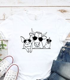 "Group of Farm Animals Shirt, Cow Pig Chicken T-Shirt, Cow Shirt, Pig Shirt, Chicken Shirt, Gift for Animal Lover Shirt, Farmer Cow Mom Gift WELCOME TO \"StyleDesignUS\" High quality and super soft, comfortable shirt. Made with top of the line vinyl and pressed with a professional grade heat press. All our simple color ones like White, Black, and Red are 100% Cotton. All our Heathered Colors are cotton/polyester blend and they are super comfy soft! SIZING AND COLORS Make sure you check our size- Cow Shirt Designs, Pig Mom Shirts, Funny Character Print Shirt For Summer, Pig Shirt Ideas, Funny Summer Shirt With Cartoon Print, Novelty Summer Tops With Cartoon Print, Funny Cartoon Print Shirt For Summer, Summer Crew Neck Shirt With Character Print, Novelty Cartoon Print Summer Tops