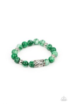 Infused with an ornate silver centerpiece, an earthy collection of silver and jade beads are threaded along a stretchy band around the wrist for a seasonal flair.

 Sold as one individual bracelet. Green Stone Bracelet, Paparazzi Accessories Jewelry, Silver Centerpiece, Stretchy Beaded Bracelet, Cats Eye Stone, Paparazzi Accessories, Stretchy Bracelets, Jade Beads, Paparazzi Jewelry