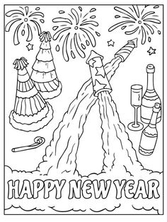 a happy new year coloring page with fireworks and champagnes on it, in black and white