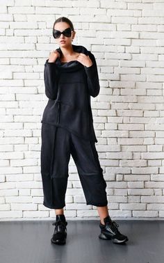 Black Loose Set/Asymmetric Maxi Set/Everyday Tracksuit/Loose | Etsy Black Asymmetrical Hem Pants For Work, Black Asymmetrical Hem Workwear Pants, Black Pants With Asymmetrical Hem For Work, Chic Asymmetrical Black Pants, Chic Black Asymmetrical Pants, Black Wide Leg Jumpsuits For Loungewear, Black Relaxed Fit Wide Leg Jumpsuits And Rompers, Black Wide Leg Jumpsuits And Rompers For Loungewear, Black Asymmetrical Pants For Spring