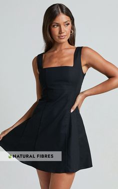 Adiana Mini Dress - Linen Look Square Neck Shirred Back A Line Dress in Black | Showpo USA Grad Dress Black, Shift Dress Styles, Square Neck Dress, Grad Dresses, Line Dress, Fabric Squares, Black Linen, Linen Dresses, Dress Backs