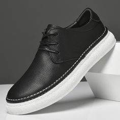 menfashionb Leather Casual Shoes For Men, Men's Leather Shoes, Casual Leather Lace-up Shoes With Vulcanized Sole, Sporty Black Lace-up Leather Shoes, Black Sneakers With Rubber Sole, Lace-up Synthetic Leather Shoes With Contrast Sole, Synthetic Leather Lace-up Shoes With Contrast Sole, Casual Skate Shoes With Textured Sole And Round Toe, Black Casual Leather Shoes For Streetwear