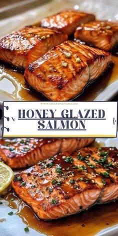 honey glazed salmon on a plate with lemon wedges