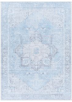 a blue and white rug with an ornate design