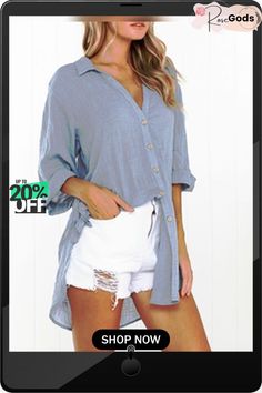 Blue Solid Elegant Cotton Shirt Collar Chic Shirt Light Blue Summer Shirt With Button Closure, Light Blue Casual V-neck Shirt, Casual Light Blue V-neck Shirt, Beach Tops With Roll-up Sleeves And Relaxed Fit, Light Blue Button-up Top For Beach, Light Blue Button-up Beach Tops, Casual Tops With Roll-up Sleeves For Beach, Casual Beach Tops With Roll-up Sleeves, Casual Long Sleeve Summer Top