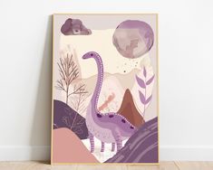 an art print with two dinosaurs in the background