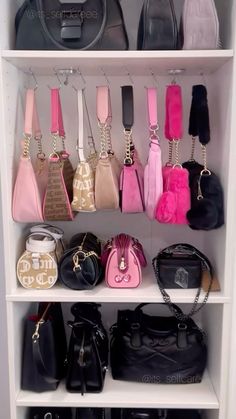 a white shelf filled with lots of purses on top of it's shelves