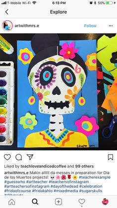 an image of a skeleton with flowers on it's head and other art supplies