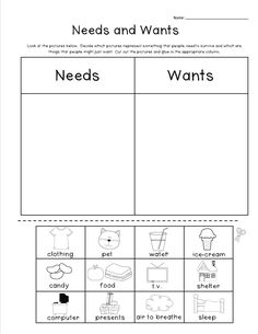 a worksheet with the words needs and wants