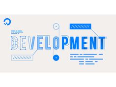 the word development is written in blue on a white background with various icons and symbols