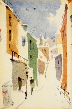 a painting of people walking down a snowy street