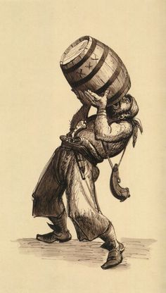 a drawing of a man carrying a barrel on his back