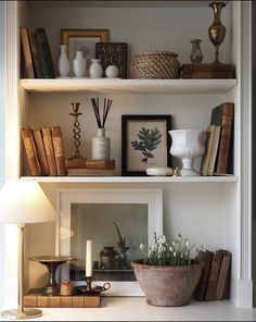 a shelf with books, plants and pictures on it