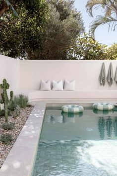 a pool with some plants and pillows in it