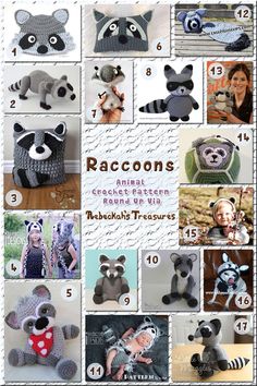 crocheted raccoons are featured in this photo collage with instructions to make them