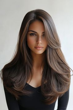 Brown long layered hair offers a timeless and elegant look. The layers add volume and movement, creating a soft, flowing effect that enhances the natural richness of the brown tones. Volume Haircut For Long Hair, Medium Length Haircut With Long Layers And Face Framing, Long Dark Brown Hair Layers, Long Haircut Women Straight, Big Layers Long Hair, Long Layered Blowout Hair, Side Part With Long Layers, Deep Side Part Long Hair, Lower Layer Haircut