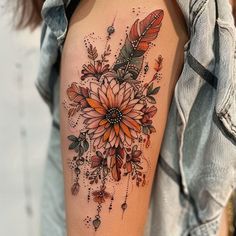 Wildflower Tattoo Vector Art Rib Cage Floral Tattoo, Half Sleeve Floral Tattoo, Western Flower Sleeve Tattoo, Inner Lower Leg Tattoos Women, Feather Floral Tattoo, Dream Catcher Birth Flower Tattoo, Suns Gonna Rise Tomorrow Tattoo, Sunflower And Wheat Tattoo, New Beginnings Tattoos For Women