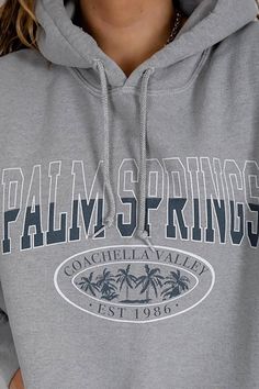 Drawstring Hood 'Palm Springs' front embroidery Pouch pocket Drop shoulders Ribbed cuffs Oversized fit Indie Hoodie, Big Hoodie, Embroidery Pouch, Hoodies Cute, Cute Hoodies, In Bed, Hoodies Graphic, Aesthetic Hoodies, Hoodies Aesthetic