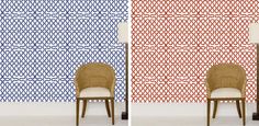 two chairs sitting next to each other in front of a wall with different patterns on it