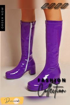 Solid Patent Leather Round-toe Block Heel Long Boots Polyurethane Closed Toe Party Boots, Retro Round Toe Party Boots, Purple Closed Toe Boots For Fall, Fall Purple Closed Toe Boots, Purple Round Toe Boots For Fall, Fall Purple Round Toe Boots, Retro Synthetic Boots For Fall, Purple Platform Boots With Pointed Toe, Retro Pointed Toe Party Boots