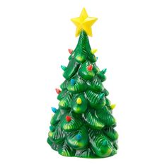 a green ceramic christmas tree with lights and a yellow star on it's top