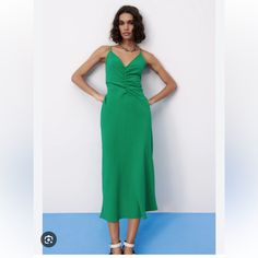 Hits Below The Knee, Beautiful Kelly Green Color And Super Soft Satiny Hand! Green Ruched Sleeveless Slip Dress, Casual Green Slip Dress For Evening, Zara Ruched Midi Dress For Summer, Chic Ruched Slip Dress For Spring, Chic Spring Slip Dress With Ruched Detail, Spring Ruched Slip Dress For Brunch, Spring V-neck Ruched Slip Dress, Ruched Slip Dress For Spring Brunch, Spring Brunch Ruched Slip Dress