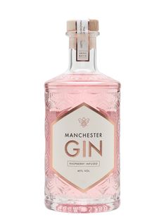 a bottle of manchester gin on a white background with a pink label