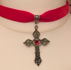 Black velvet Choker 15mm wide Crescent Moon with a red crystal ball fastens with a lobster clasp has a 3in extender chain pendant length is 2in long and 1.5in wide Adjustable Gothic Cross Pendant Jewelry, Adjustable Red Gothic Jewelry, Alchemy Gothic Jewelry, Black Velvet Choker, Velvet Choker, Red Crystals, Silver Cross, Gothic Jewelry, Dream Jewelry