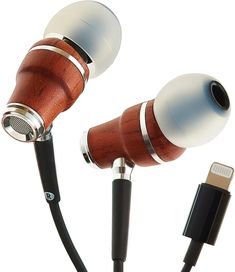 two wooden earphones connected to each other