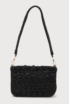 Everyone is sure to be mesmerized by your sense of style with the cute addition of the Lulus Captivating Aura Black Beaded Shoulder Bag! This stunning shoulder bag is covered with shiny beaded details (in varying shapes and sizes) that create a multitude of designs allover the rectangular silhouette. The front flap boasts a hidden magnetic closure that opens to reveal a roomy, lined interior with a sidewall pocket. Remove the detachable beaded shoulder strap when you want to style this bag as a Chic Beaded Bags For Night Out, Chic Rectangular Sequined Shoulder Bag, Chic Beaded Shoulder Bag For Party, Elegant Evening Shoulder Bag With Black Beads, Beaded Evening Crossbody Bag, Evening Beaded Crossbody Bag, Beaded Crossbody Shoulder Bag For Evening, Chic Beaded Crossbody Shoulder Bag, Rectangular Shoulder Bag With Sequins For Night Out