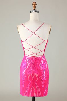 Zapakasa Women Hot Pink Short Homecoming Dress Stylish Tight Spaghetti Straps Cocktail Dress with Criss Cross Back Hoco Dresses Pink, Cute Homecoming Dresses, Hot Pink Shorts, One Shoulder Cocktail Dress, Dress Stylish, Cute Prom Dresses, Short Homecoming Dress, Sequin Shorts, Hoco Dresses