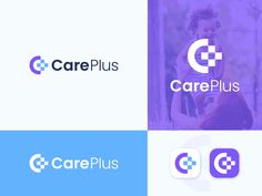 the logo for careplus is shown in purple and blue colors, with an image of