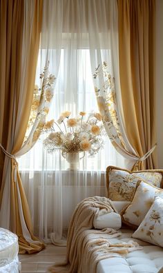 a bed sitting in front of a window covered in white and yellow drapes