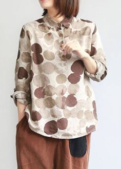 Boutique Khaki Peter Pan Collar Coffee Dot Print Linen Shirt Tops Long SleeveFabric: Cotton 45%, Linen 55%Size & Fit: Fit: This garment fits true to size.Length: Size XL measures 29.64"from shoulder to hemBust: Great for any cup size. Waist: Loose Fit. Comfortable room throughout midsection.Hip: Loose Fit - room for hips. Hand Wash Cold. Casual Long Sleeve Shirts, Tops Long Sleeve, Half Sleeve Dresses, Printed Linen, Pan Collar, Peter Pan Collar, Sleeves Pattern, Silk Chiffon, Dot Print